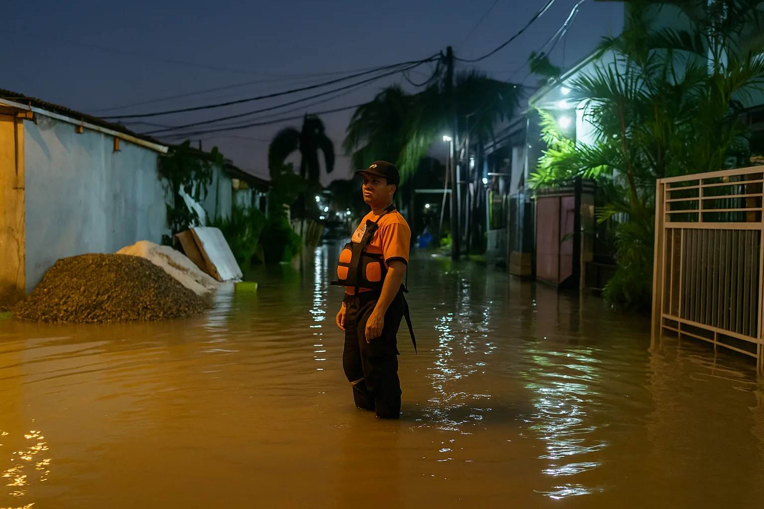 Petugas BPBD Tangsel memantau kondisi banjir setinggi 30–45 cm di kawasan Perumahan Bintaro Indah, Tangerang Selatan, Rabu (2/7/2025) sore.