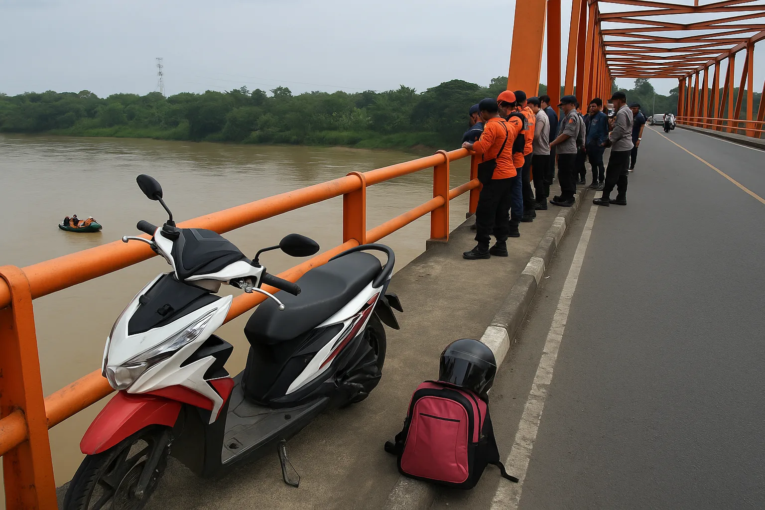 Tim SAR dan aparat kepolisian melakukan pencarian dari atas Jembatan Jurug, Solo, tempat ditemukannya sepeda motor dan barang milik mahasiswi UNS yang dilaporkan melompat ke Sungai Bengawan Solo, Rabu (2/7/2025).