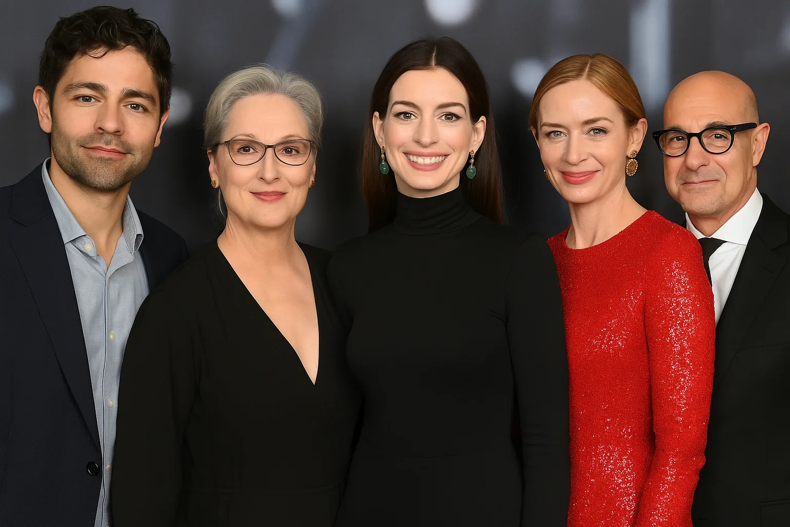 Adrian Grenier bersama Meryl Streep, Anne Hathaway, Emily Blunt, dan Stanley Tucci dalam sesi pemotretan promosi. Grenier dipastikan tidak ikut dalam sekuel The Devil Wears Prada yang akan tayang Mei 2026.