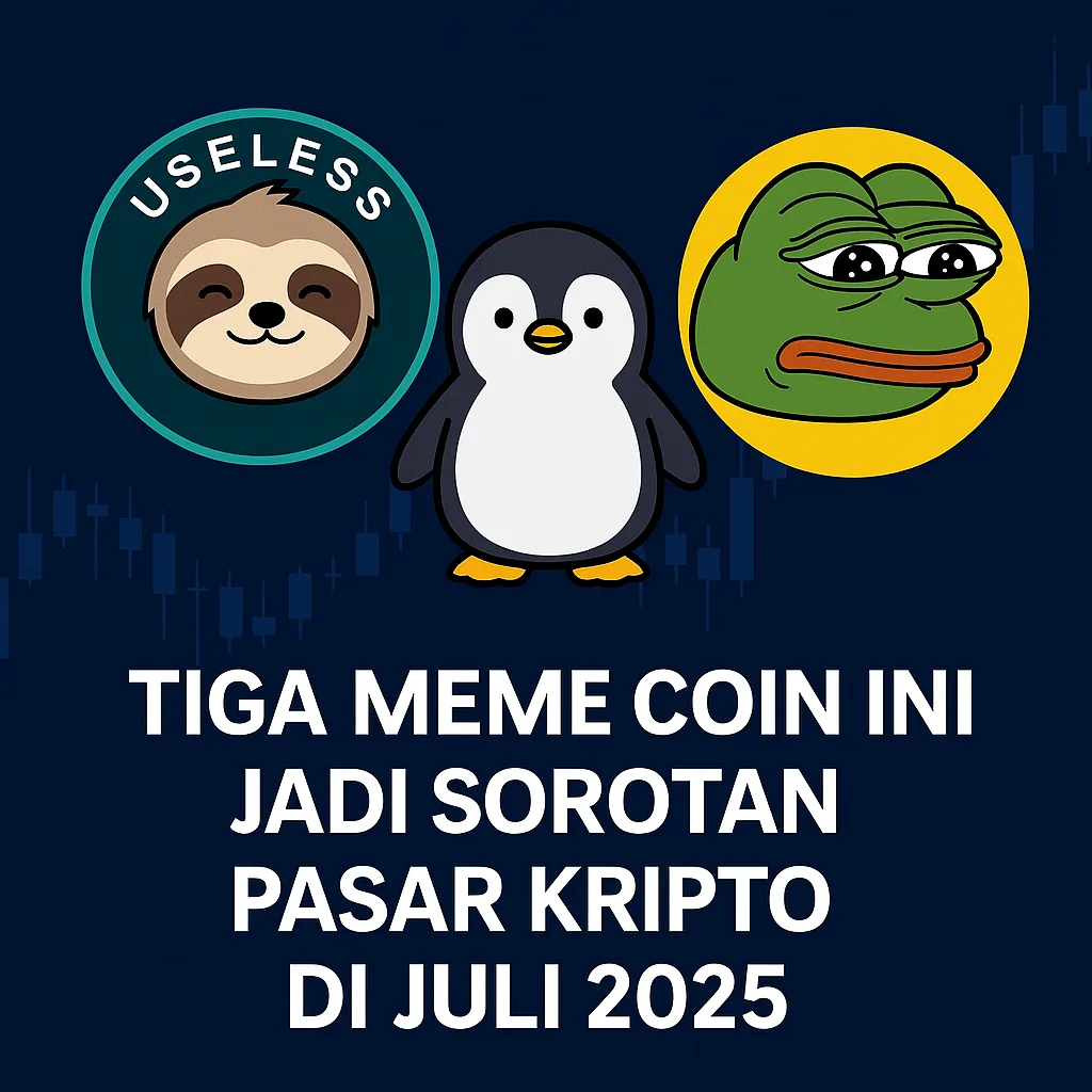 Ilustrasi tiga meme coin populer: Useless, Pudgy Penguins, dan Pepe yang mencuri perhatian pasar kripto pada Juli 2025.